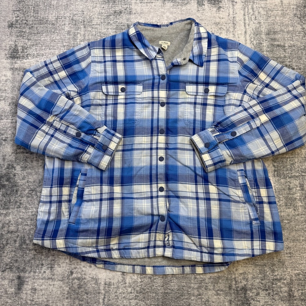 LL Bean Top Womens 2X Flannel Shirt Jacket Blue Plaid Fleece Lined Pockets Snap